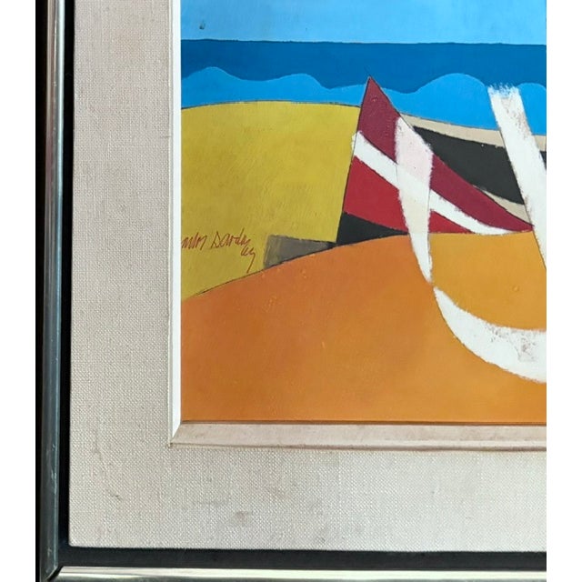 Wood Mid Century Modernist Abstract Landscape Painting - A Boat Sits on a Beach Under a Blue Sky- Signed For Sale - Image 7 of 9