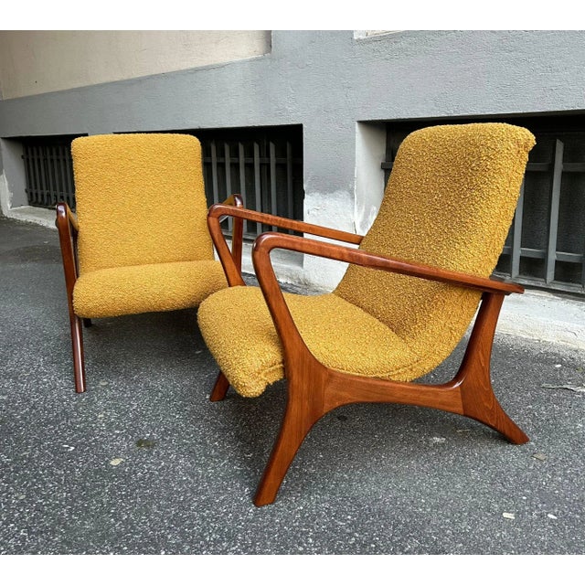 Set of Lounge Chairs with Dark Wood Frame and Yellow Bouclé Fabric, 2000s, in Very Good conditions. Designed from 2000
