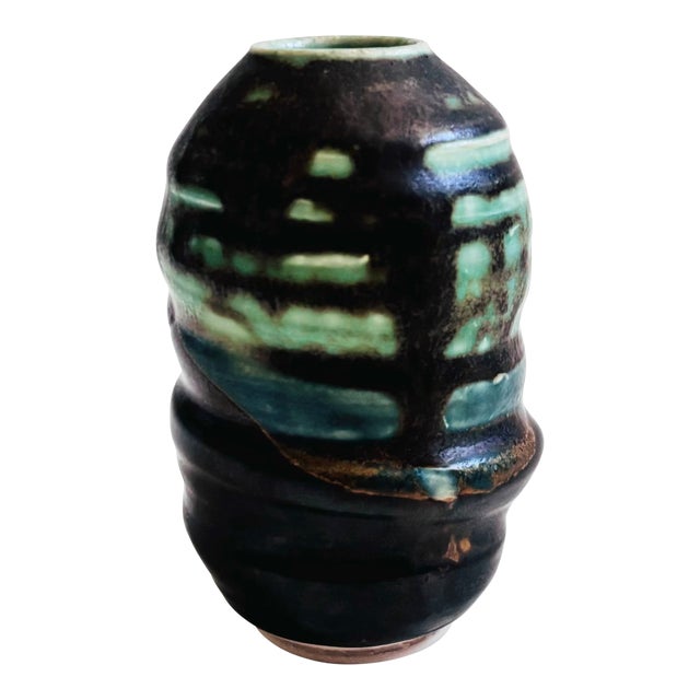 Green and Black Studio Pottery Bud Vase For Sale
