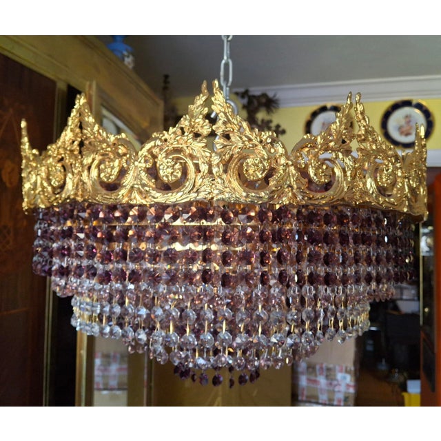 Designer 1960's Large Empire 24k Gold Plated Bronze W/ Amethyst Cut Crystal 8 Tier Semi Flush Mount/ Chandelier by Palme & Walter/ Palwa For Sale - Image 12 of 18