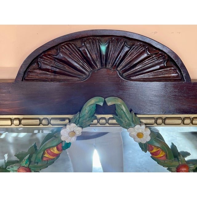 1900 - 1909 Early 20th French Wood Wall Mirror With Painted Garland of Flowers For Sale - Image 5 of 7