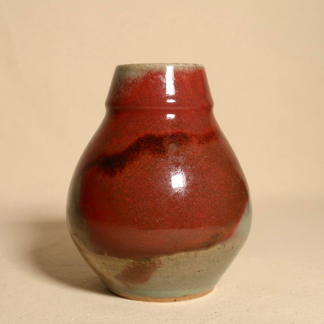 Wabi Sabi Handmade Studio Pottery Vase With Red & Earth Tone Reactive Glaze For Sale In Tulsa - Image 6 of 10
