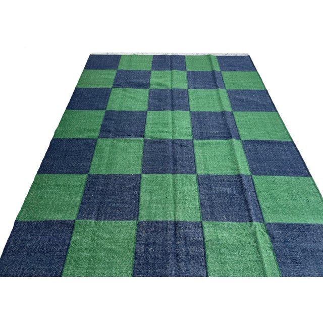 Handmade Woolen Flat Weave Rug, Forest Green and Greyish Blue Checker Board Dhurrie - 5'x8' For Sale - Image 11 of 12