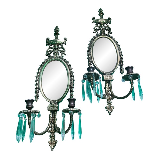 Pair of Vintage Brass and Crystal French Mirrored Candle Wall Sconces For Sale