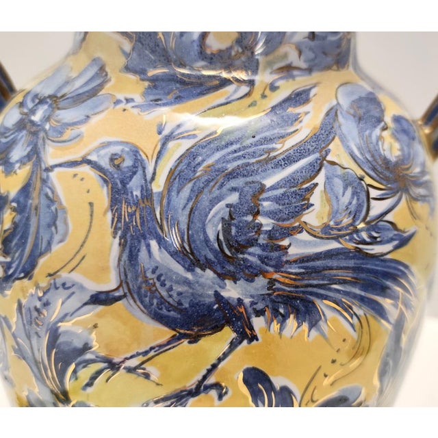 Vintage Handmade Yellow and Blue Glazed Ceramic Amphora Vase by Zulimo Aretini, Italy, 1950s For Sale - Image 12 of 15