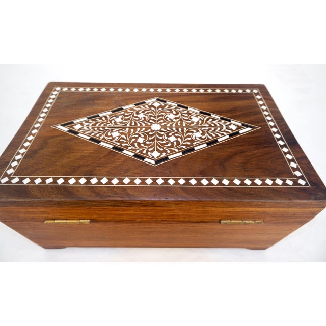 Late 20th Century Large Solid Teak Inlaid Jewlery Box w/ Geometric & Floral Motifs For Sale - Image 12 of 12