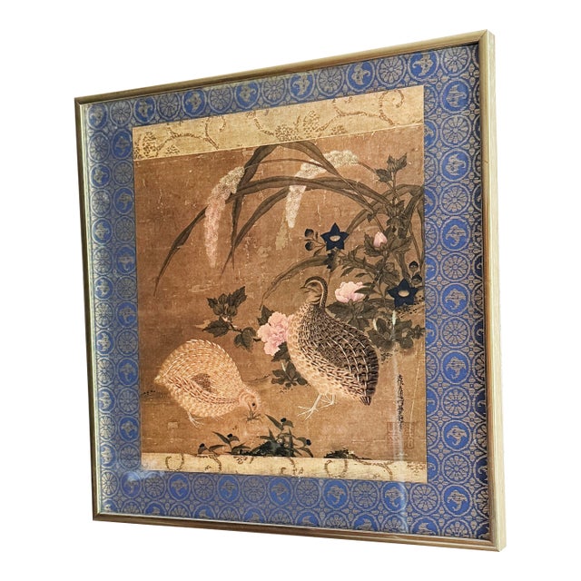Late 20th Century Tosa Mitsuoki Quail and Autumn Flowers Color Lithograph Japanese Edo Period Reproduction For Sale