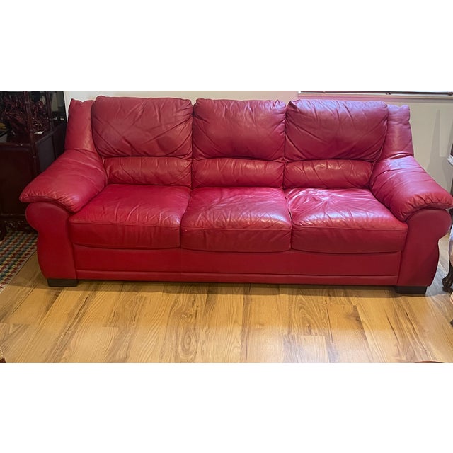 Vintage Natuzzi Red Leather Sofa Threeseat For Sale In Miami - Image 6 of 8