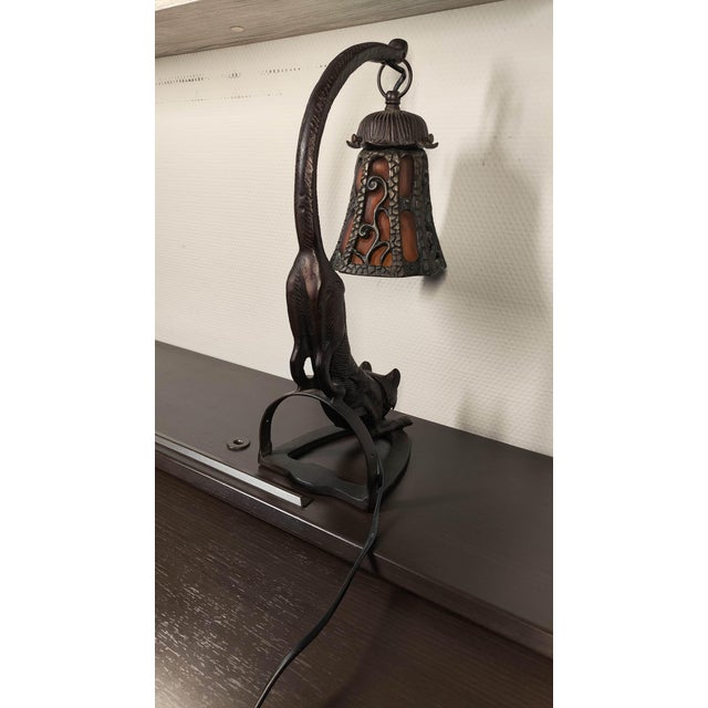Vintage Heavy Cast Iron Cat Lamp With Hand-Blown Amber Glass Shade For Sale - Image 10 of 10