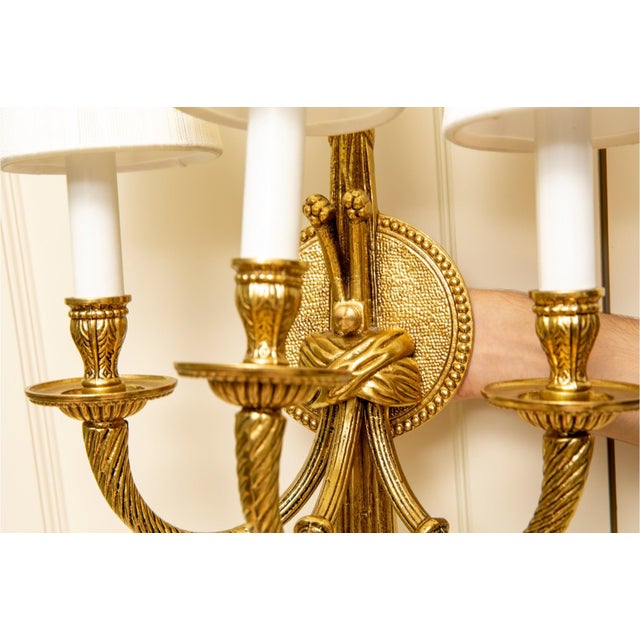 Late 20th Century Vintage Louis XVI Neoclassical Revival Style Bronze Three-Light Wall Sconces—A Pair For Sale - Image 5 of 8