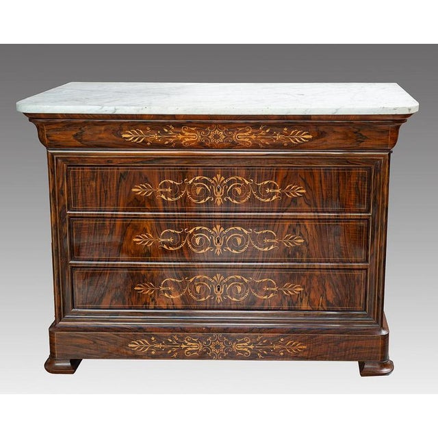 Antique Charles X French Chest of Drawers in Walnut Burl with a White Statuary Marble Top, 19th Century For Sale - Image 4 of 4