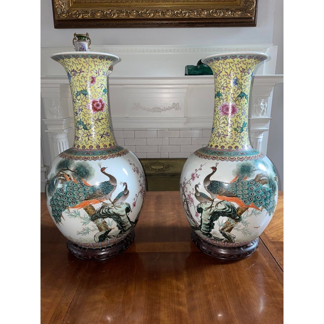 Pair of Large 23” Chinese Jingdezhen Famille Rose Porcelain Peacock Vases on Wood Stands For Sale - Image 4 of 14