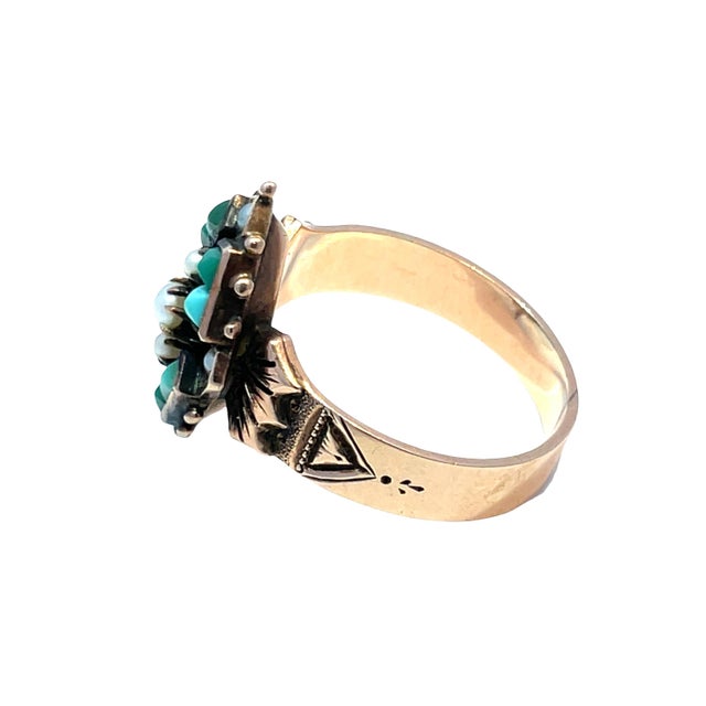 Victorian Antique Victorian 9k Rose Gold Turquoise & Pearl Ring, Size 8 For Sale - Image 3 of 4