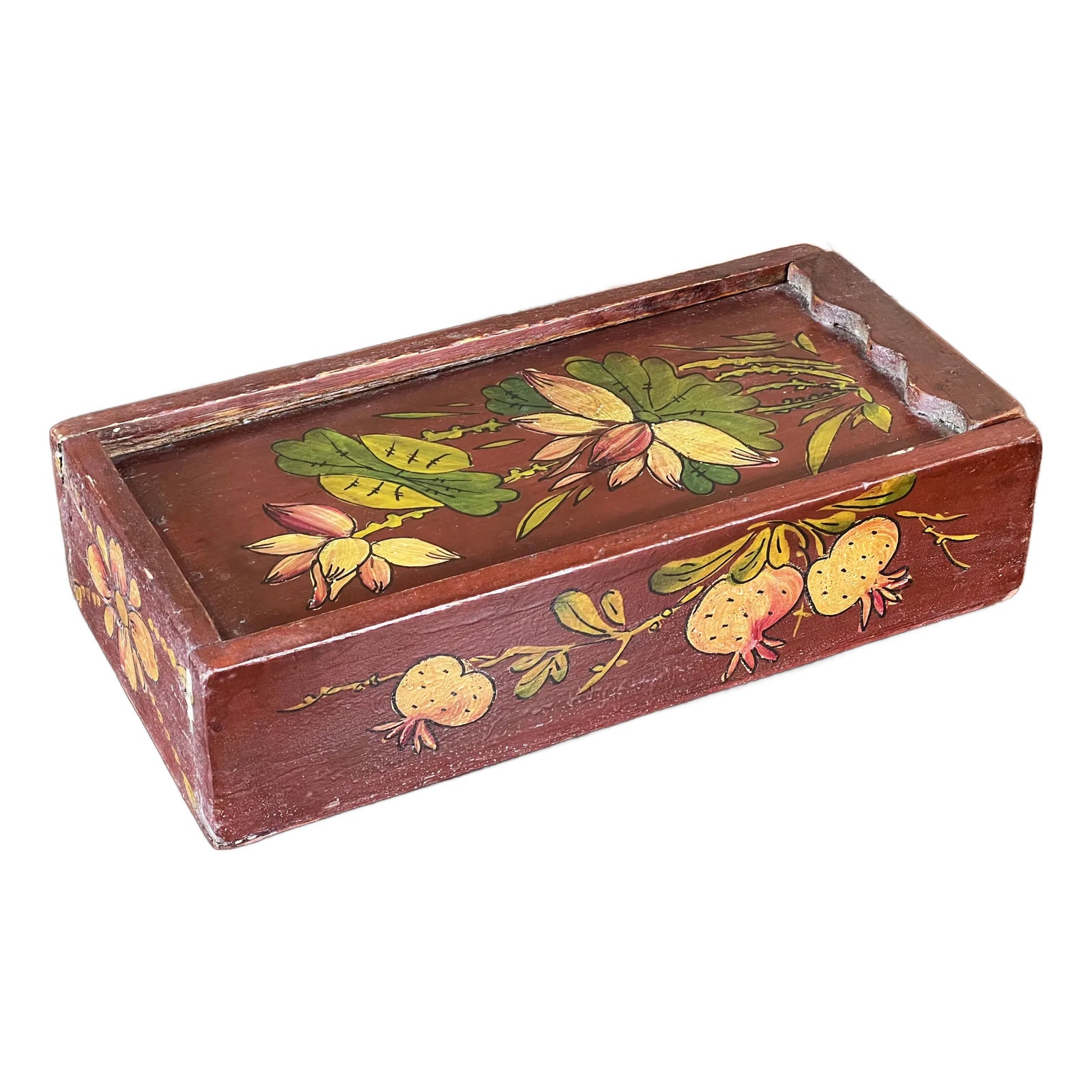 Antique 19th C. Chinese Hand Painted Wooden Box W/ Lotus & Pomegranate Design