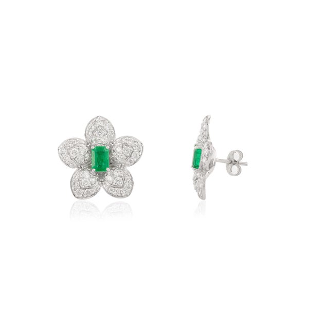 Art Deco Emerald Encompassed With Diamonds Floral Stud Earrings in 14k White Gold- A Pair For Sale - Image 3 of 11