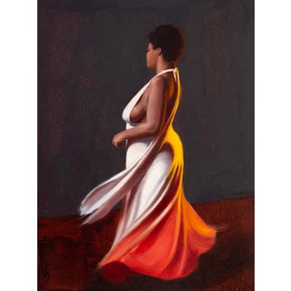 Liquid Sunset II by Kirsten Savage | Oil on panel Woman in a flowing dress against a dark background For Sale