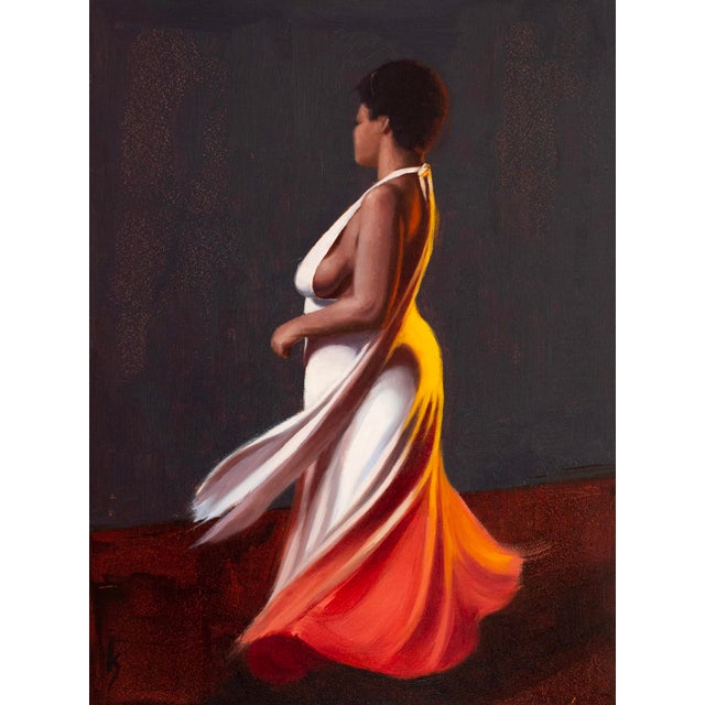 Liquid Sunset II by Kirsten Savage | Oil on panel Woman in a flowing dress against a dark background For Sale