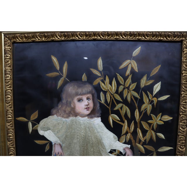 Victorian Needlework Portrait of a Young Girl With Watercolor Background, Gilt Frame For Sale - Image 13 of 17