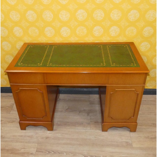 Edwardian English Desk in Yew Wood and Green Embossed Leather Top, 1960s For Sale - Image 9 of 16