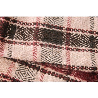 Fabric Vintage Wool & Linen Homespun Plaid Folk Art Hand Woven Black, Red, And Pink Stripes For Sale
