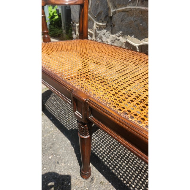 Vintage Regency Style Faux Bamboo Cane Settee With Reversible Down Cushion For Sale - Image 11 of 16