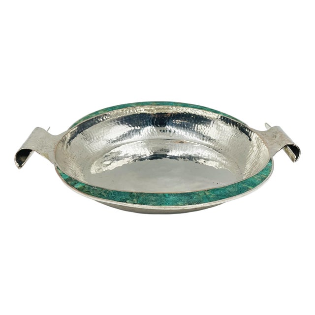 1980s Emilia Castillo Silver-Plated Serving Bowl With Malachite Inlay, Mexican Design For Sale