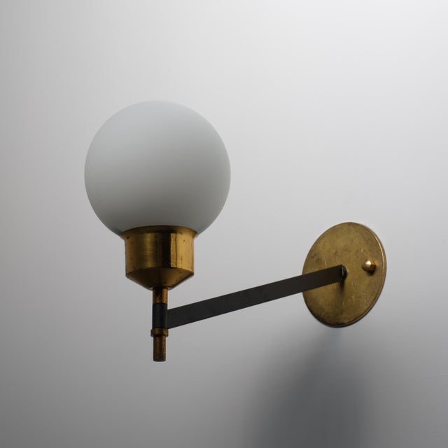 Italian Wall Sconces in Brass, Black Steel and Opaline Glass, 1950s, Set of 2 For Sale - Image 4 of 10