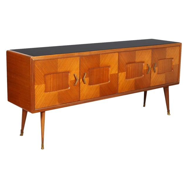 Mid-Century Sideboard with Mirror in Walnut and Rosewood Veneer with Checkerboard by Paolo Buffa for Palazzi dell'Arte Cantù, 1940s, Set of 2 For Sale