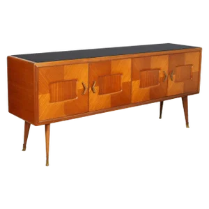 Mid-Century Sideboard with Mirror in Walnut and Rosewood Veneer with Checkerboard by Paolo Buffa for Palazzi dell'Arte Cantù, 1940s, Set of 2