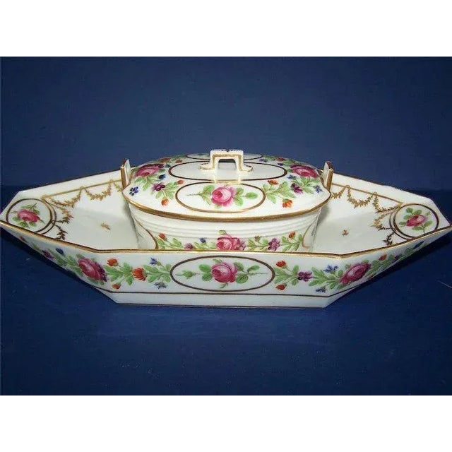 Fine 18th c. Charles Philippe Comte d'Artois old Paris porcelain sauce boat or tureen with attached undertray. Decorated...