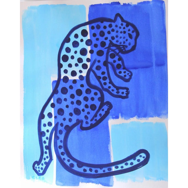 Large Leopard on Blue Color Block by Cleo Plowden For Sale