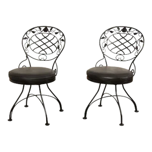 Vintage Rose Pattern Wrought Iron Side Chairs - A Pair