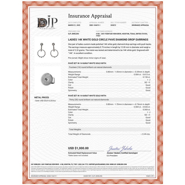 Metal Ladies 14k White Gold Circle Pave Diamond Drop Earrings For Sale - Image 7 of 7