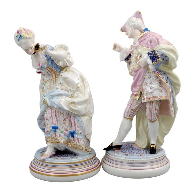 This refined pair of French Paris porcelain figures dates to the mid–late 19th century and depicts a gallant and his lady...