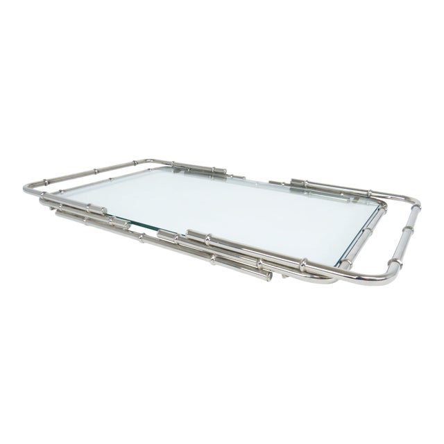 1970s Polished Nickel Faux Bamboo and Glass Serving Tray in the Manner of Maison Bagues For Sale