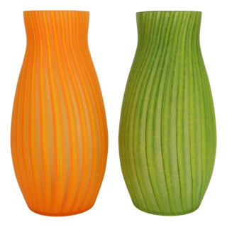 Vintage Striped Satin Glass Vases, Italy, 1970s, Set of 2 For Sale