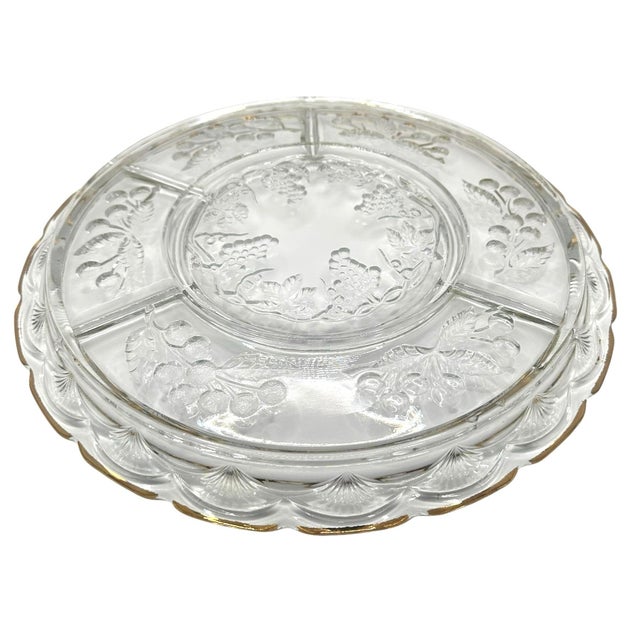 Gold Vintage Crystal Clear Glass 5 Part Divided Serving Tray With Grape and Leaf Motifs For Sale - Image 8 of 9