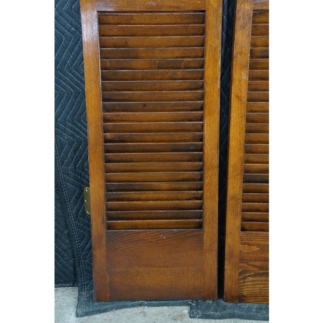 Brown Pair Mid-Century Chinoiserie Elm Louvered Double Bi Fold Doors Brass Shou Pulls For Sale - Image 8 of 18