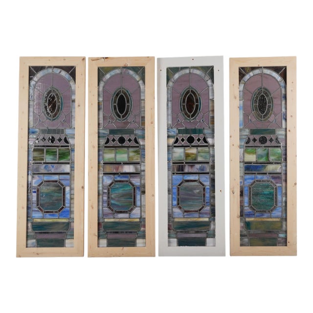 Set of Gothic Wood Framed Leaded Stained Glass Windows For Sale