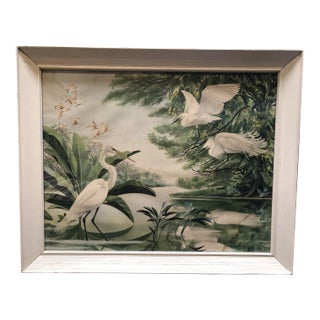 1940s Post-War Tropical Cranes Print in Original Frame For Sale