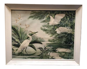 1940s Post-War Tropical Cranes Print in Original Frame