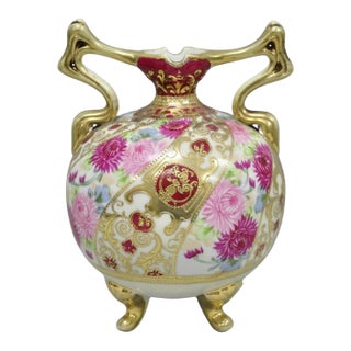 Antique Nippon Moriage Porcelain Twin Handle Ball Vase W/ Hand Painted Roses For Sale