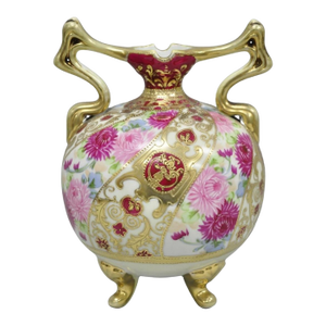 Antique Nippon Moriage Porcelain Twin Handle Ball Vase W/ Hand Painted Roses