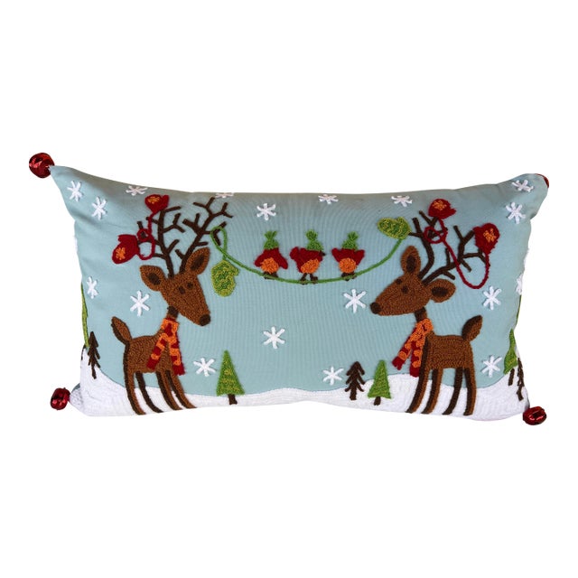 Vintage Christmas Reindeer Pillow With Bells For Sale