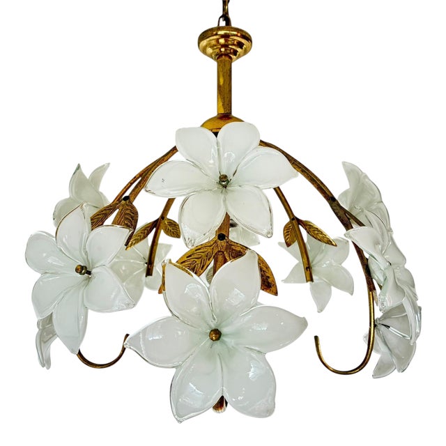 Vintage Murano Style Glass Daisy Chandelier With Handcrafted White Floral Details For Sale