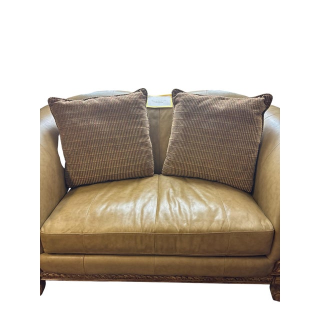 Tan Hand-Carved Cognac Leather Loveseat With Exposed Wood Frame Traditional European Style 71”w For Sale - Image 8 of 12