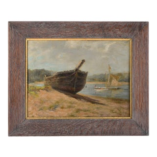 Antique Coastal Sailboat Coast Marine Oil Painting Beach Shipwreck For Sale