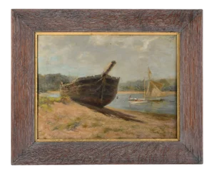 Antique Coastal Sailboat Coast Marine Oil Painting Beach Shipwreck