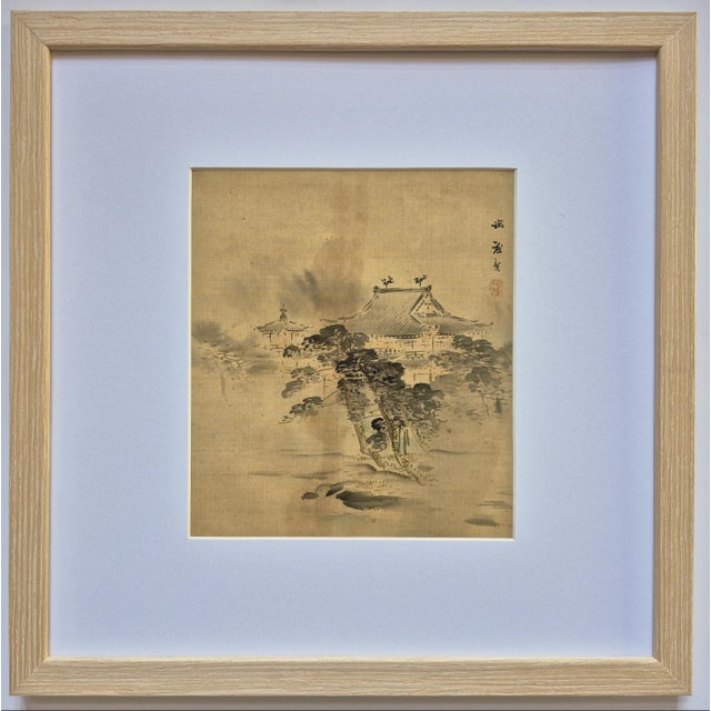Set of 4 Antique Japanese Paintings of Temples and Landscapes – Newly Framed For Sale - Image 4 of 9