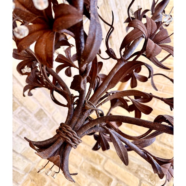 Shabby Chic Vintage Italian Tôle Chandelier With Rustic Metal Leaves and Floral Motifs Accented With Crystals, 6 Lights For Sale - Image 3 of 12
